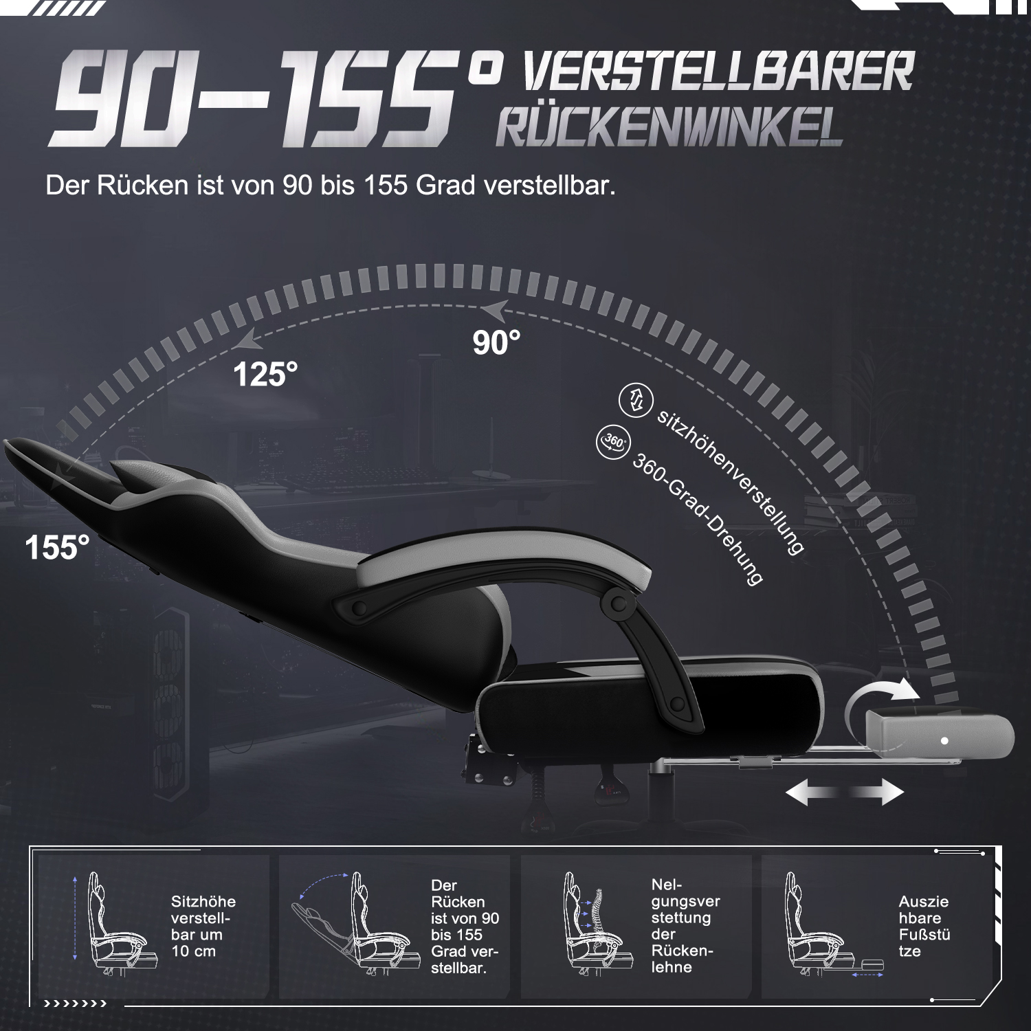 Diagramm eines schwarzen und grauen Gaming-Stuhls mit verstellbaren Funktionen. Text zeigt eine 90-155 Grad verstellbare Rückenlehne.