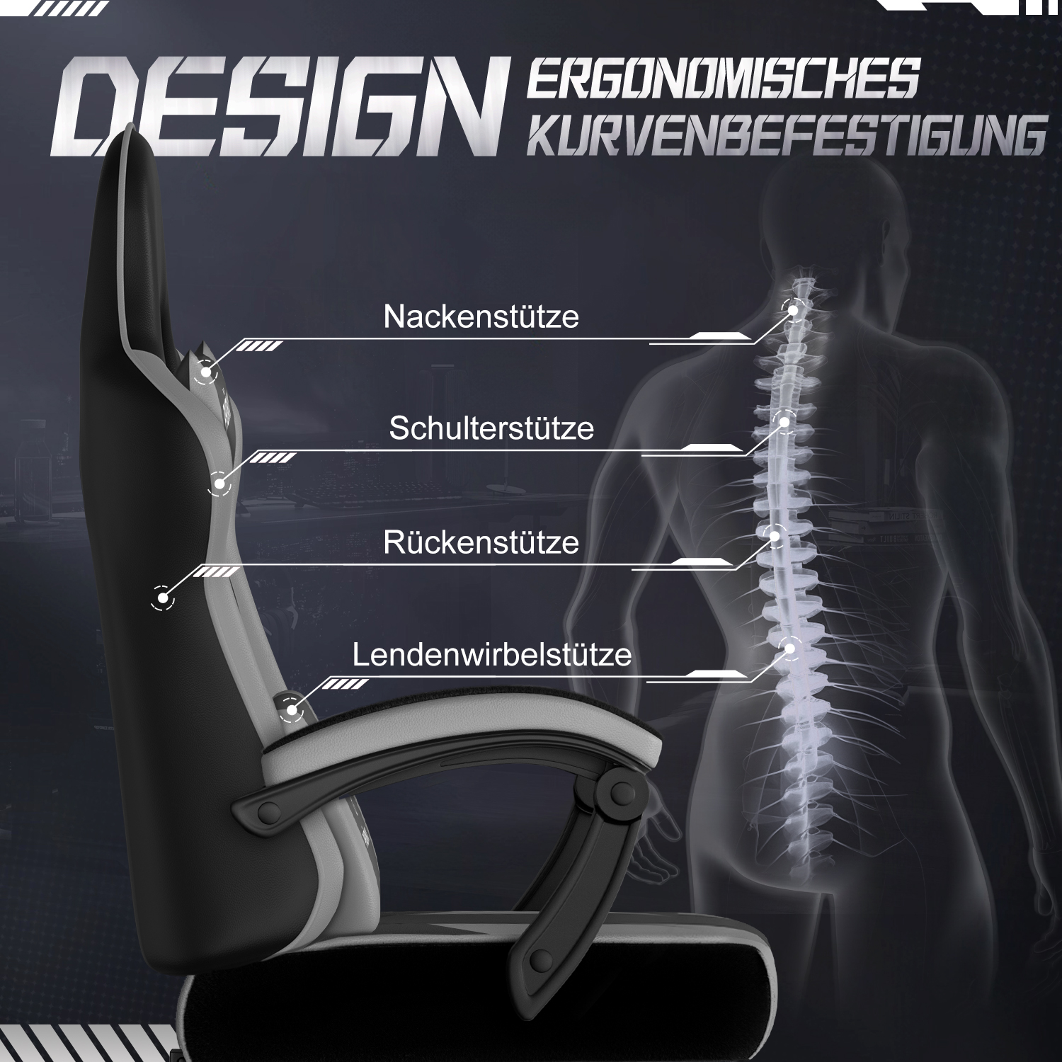 Ein ergonomischer Stuhl wird gezeigt, mit Etiketten für Nacken-, Schulter-, Rücken- und Lendenwirbelstütze. Eine Wirbelsäule ist überlagert.