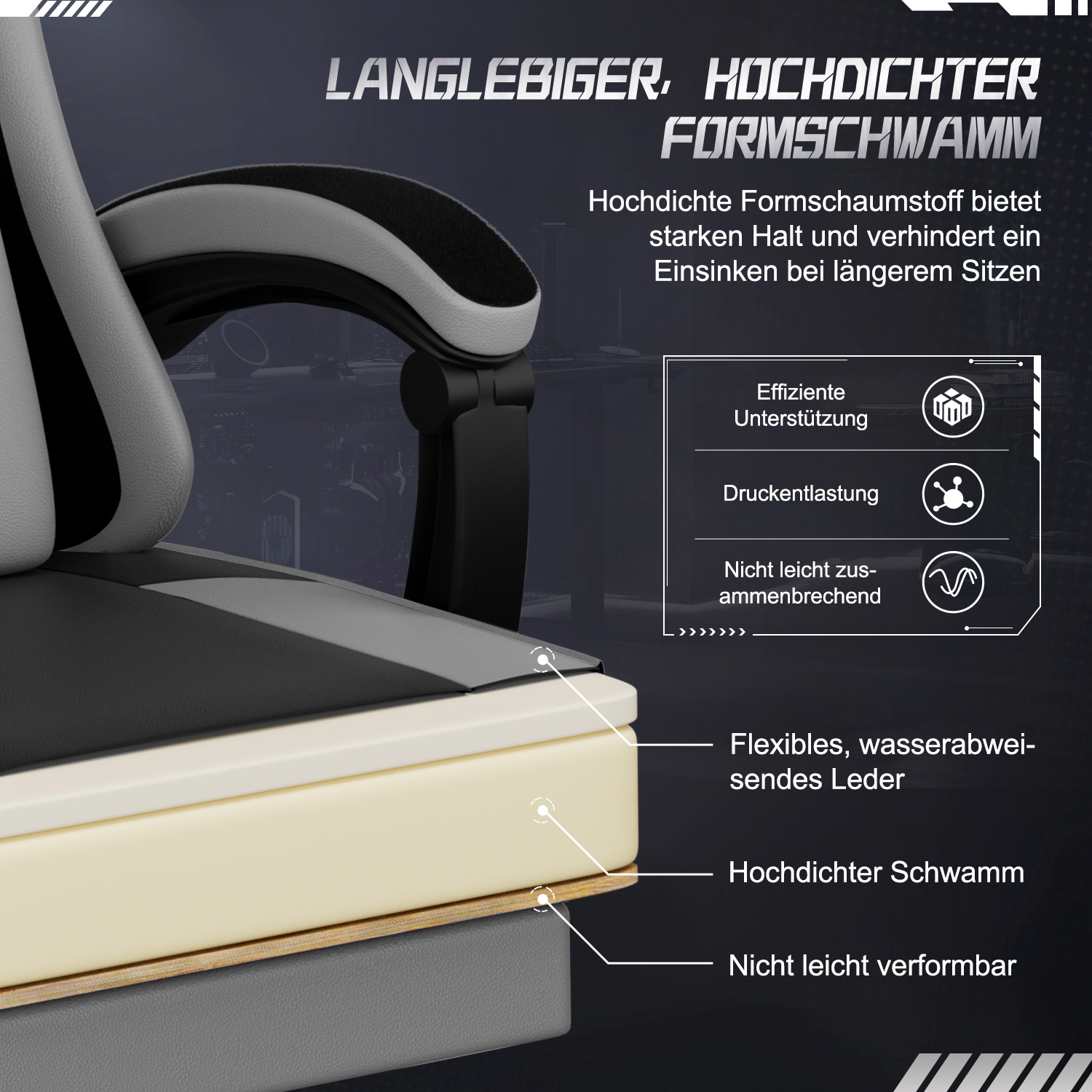 Querschnitt eines Stuhlsitzes mit Materialschichten wie Leder und Schaumstoff. Text hebt Merkmale hervor.
