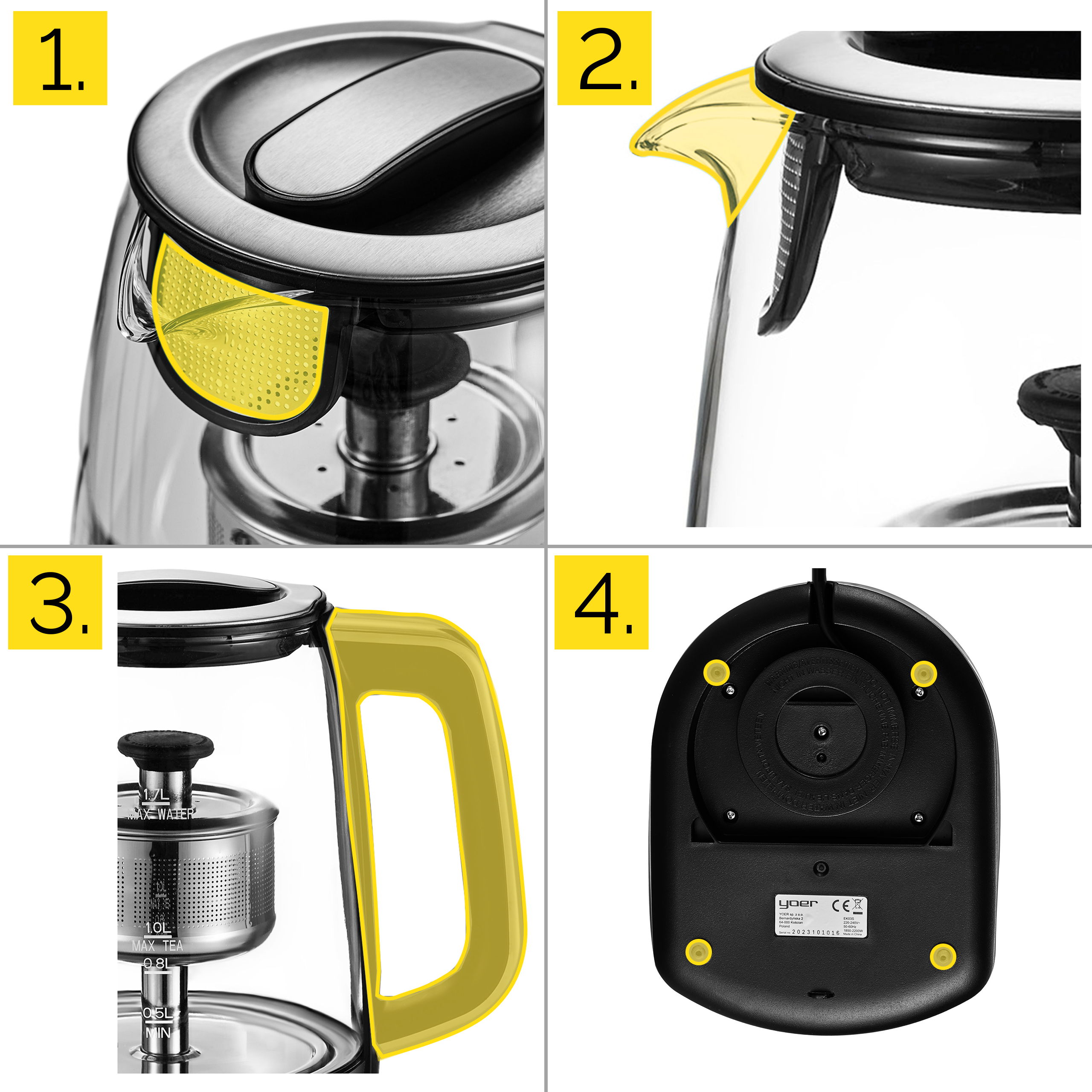 Szklany czajnik z żółtym uchwytem i akcentami. Podstawa jest czarna z żółtymi nóżkami.