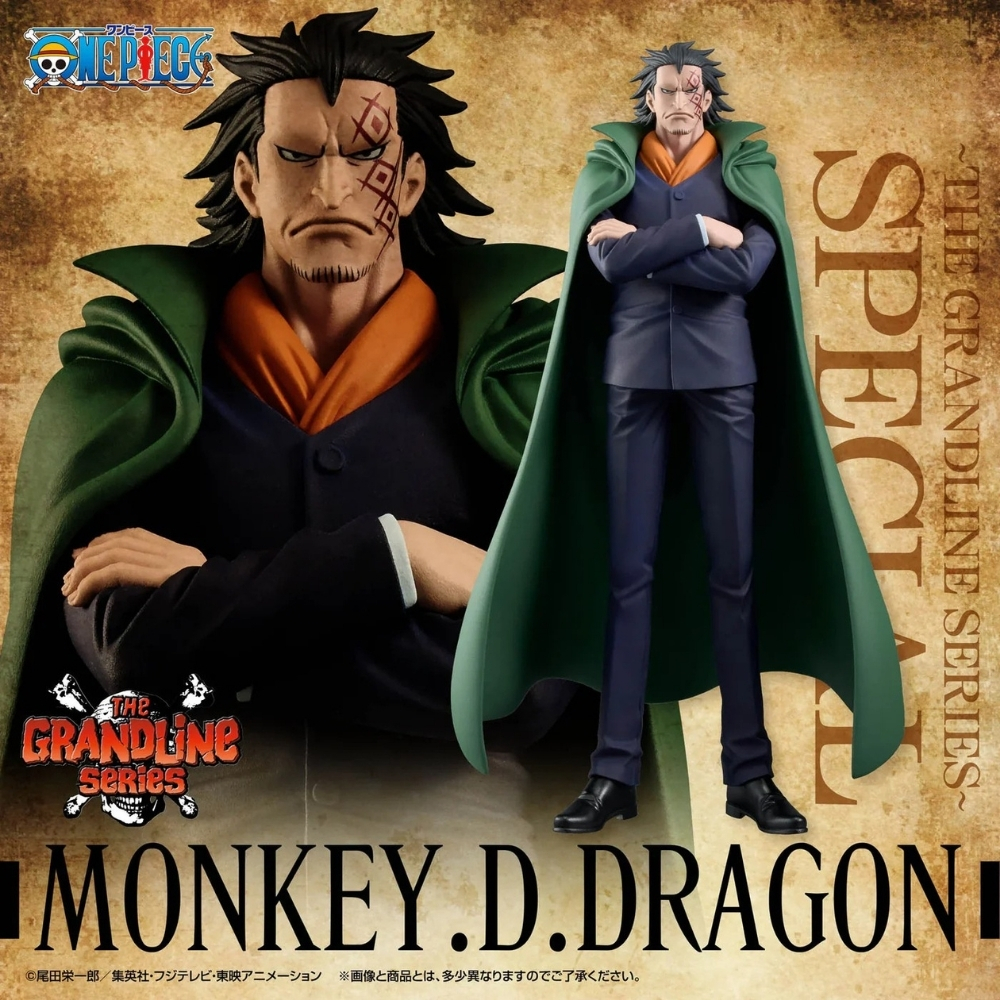 Figura de Monkey D. Dragon, capa verde, traje negro y cicatriz en la cara. El texto de la serie Grandline es visible.