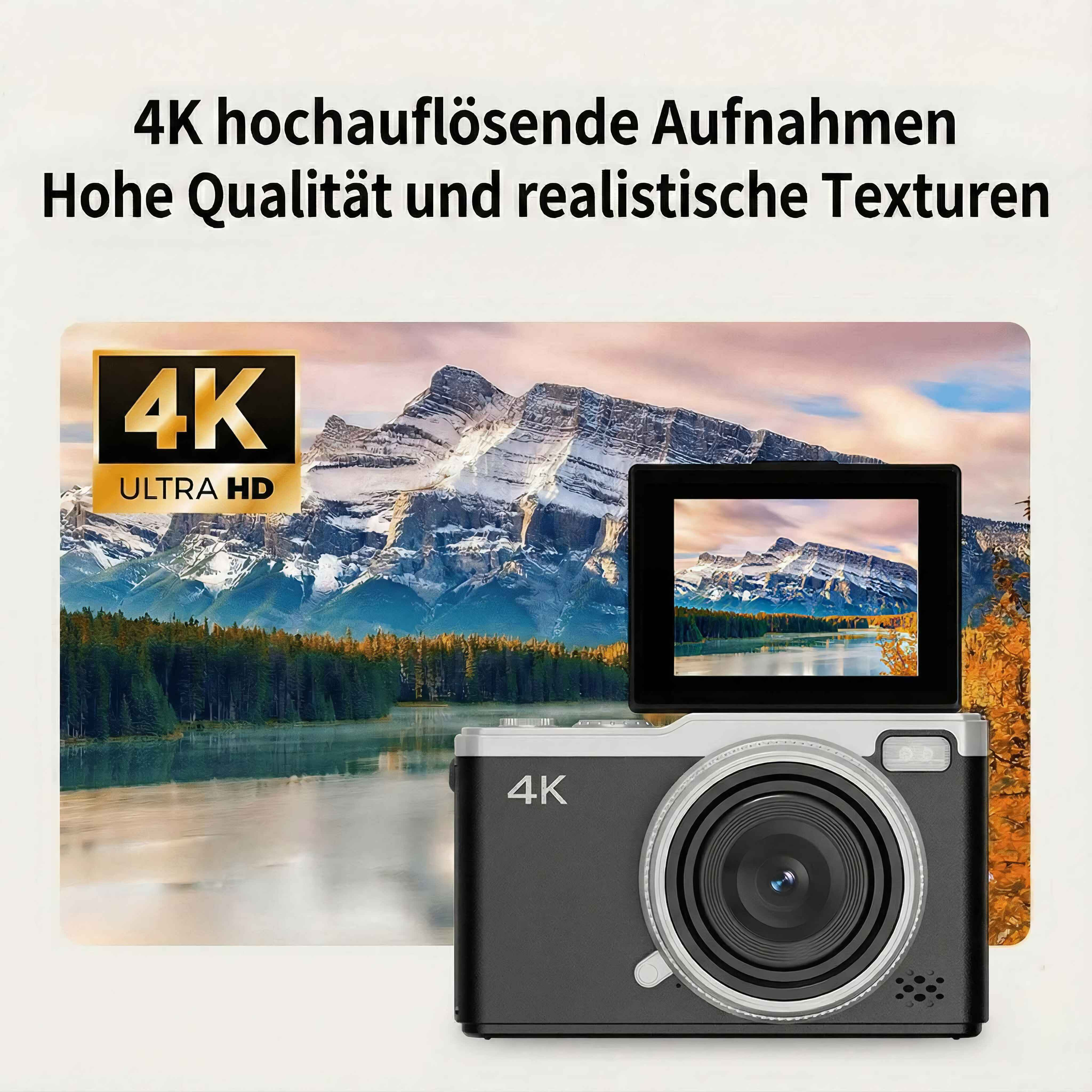 Eine Kamera mit einem Bildschirm, der eine Berglandschaft zeigt. Oben steht 4K und hohe Qualität.