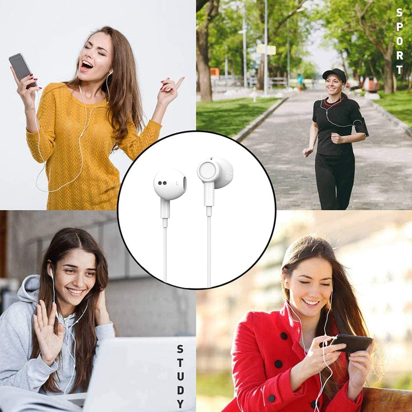 Das Bild zeigt Menschen, die Kopfhörer in verschiedenen Szenarien verwenden: Musik hören, joggen, Videoanruf und Video ansehen.