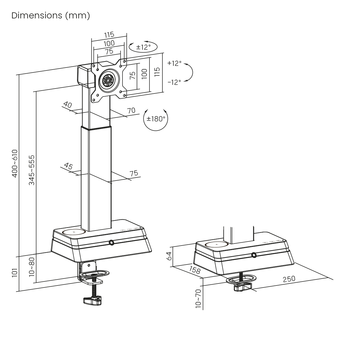Diagramm einer Monitorhalterung mit Abmessungen in Millimetern, einschließlich Messungen und Drehwinkeln.