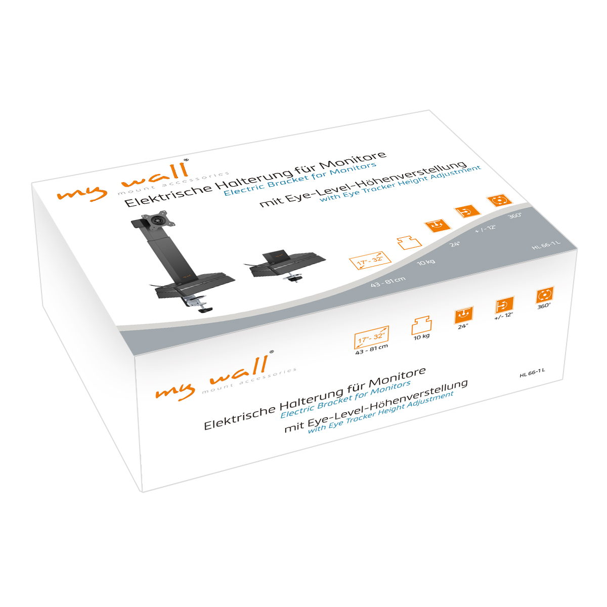 Schachtel mit Monitorhalterung. Texte auf Deutsch und Englisch. Produktmerkmale werden mit Symbolen angezeigt.