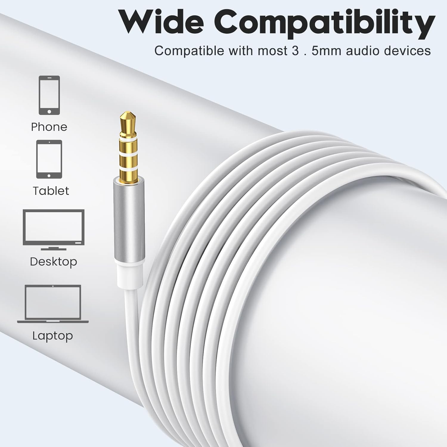 Ein weißes Audiokabel mit 3,5-mm-Klinke wird angezeigt. Symbole für Telefon, Tablet, Desktop und Laptop sind ebenfalls zu sehen.