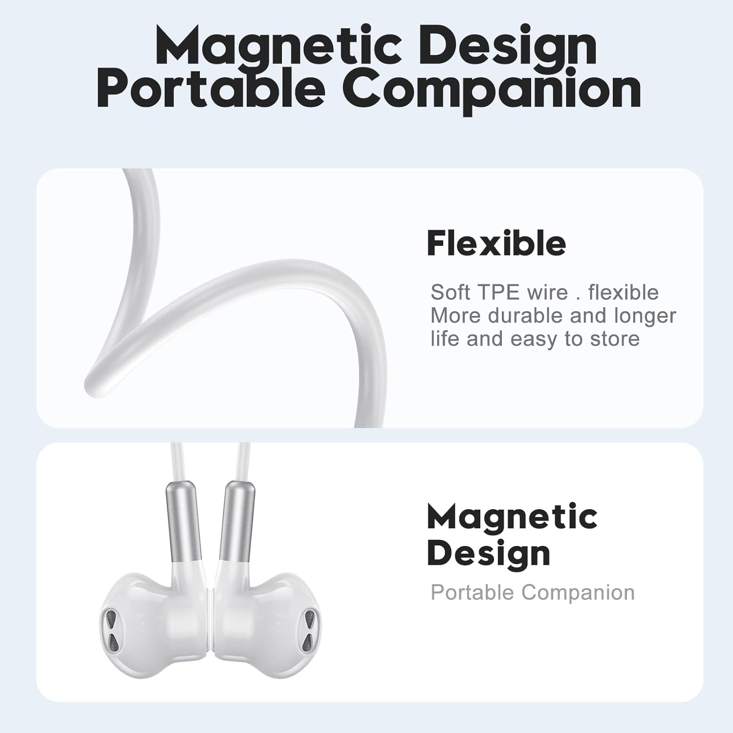 Weiße Ohrhörer mit silbernen Akzenten. Oben ist das Kabel und das Wort 'Flexibel' zu sehen, unten 'Magnetic Design'.