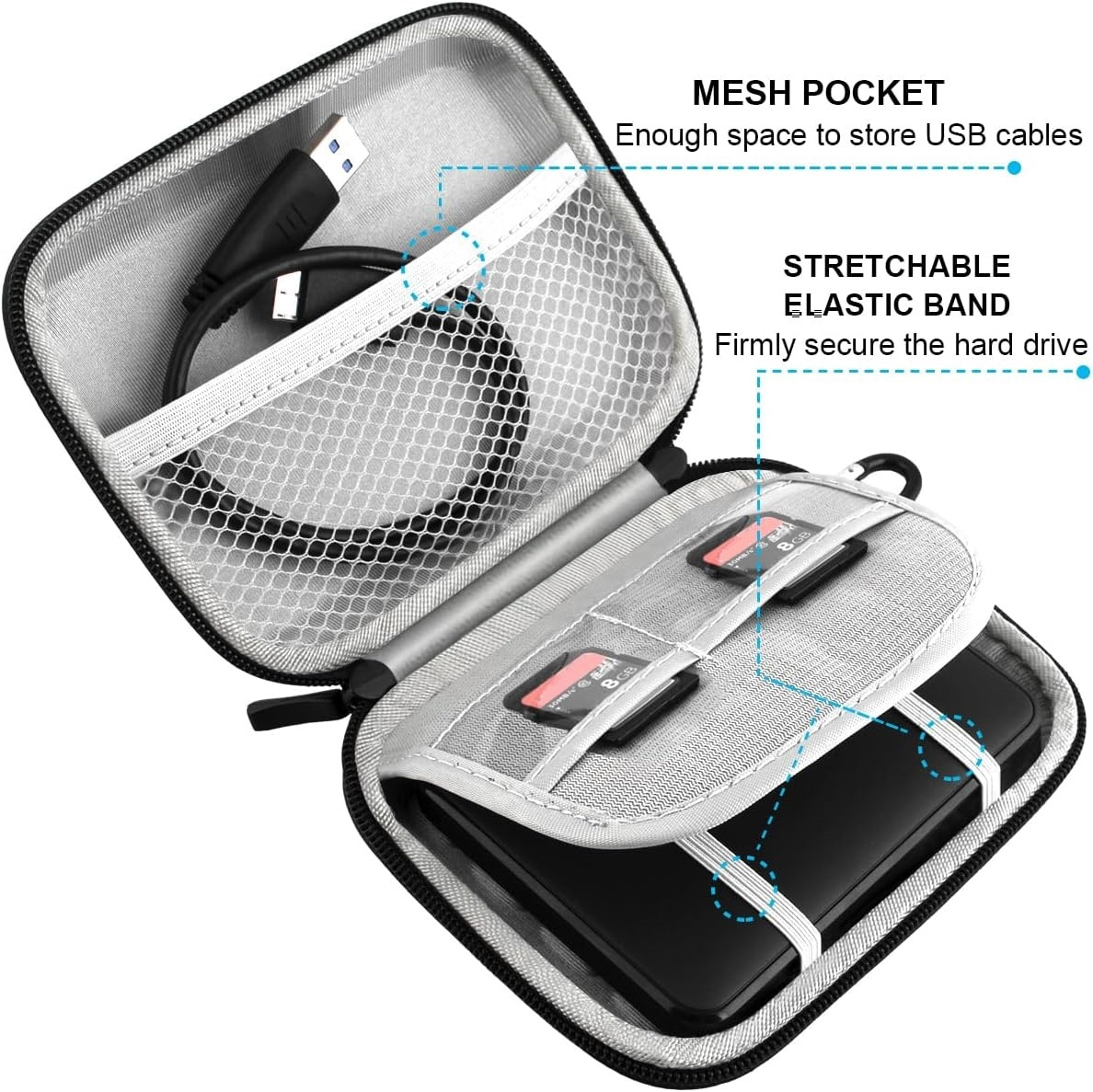 Offene schwarze Aufbewahrungstasche mit Netztasche für ein USB-Kabel. Innen eine Festplatte mit Gummiband und zwei SD-Karten.