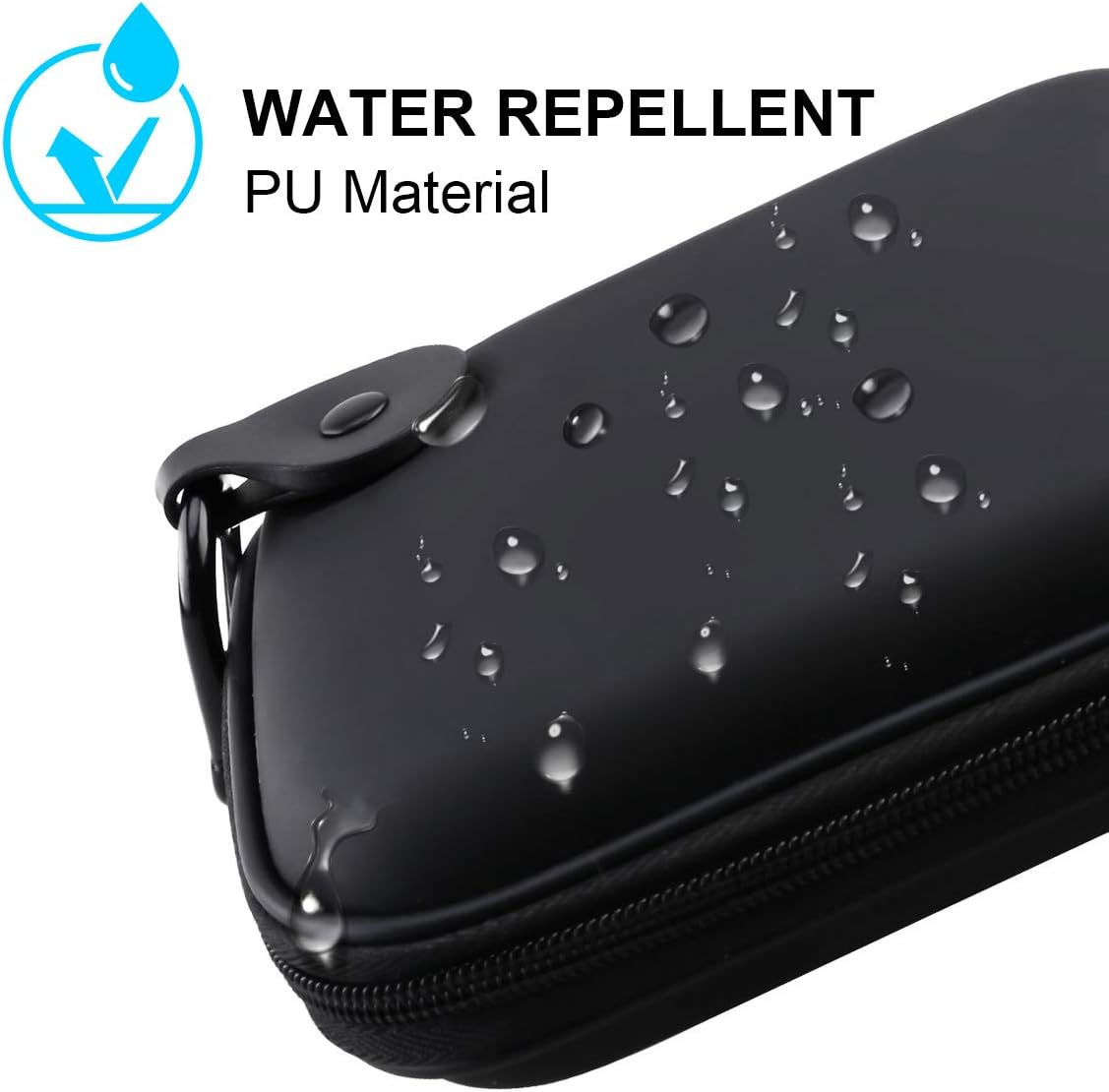 Schwarze, wasserabweisende Hülle mit Wassertropfen. Text: WASSERABWEISENDES PU-Material. Blaues Wassertropfen-Symbol oben links.
