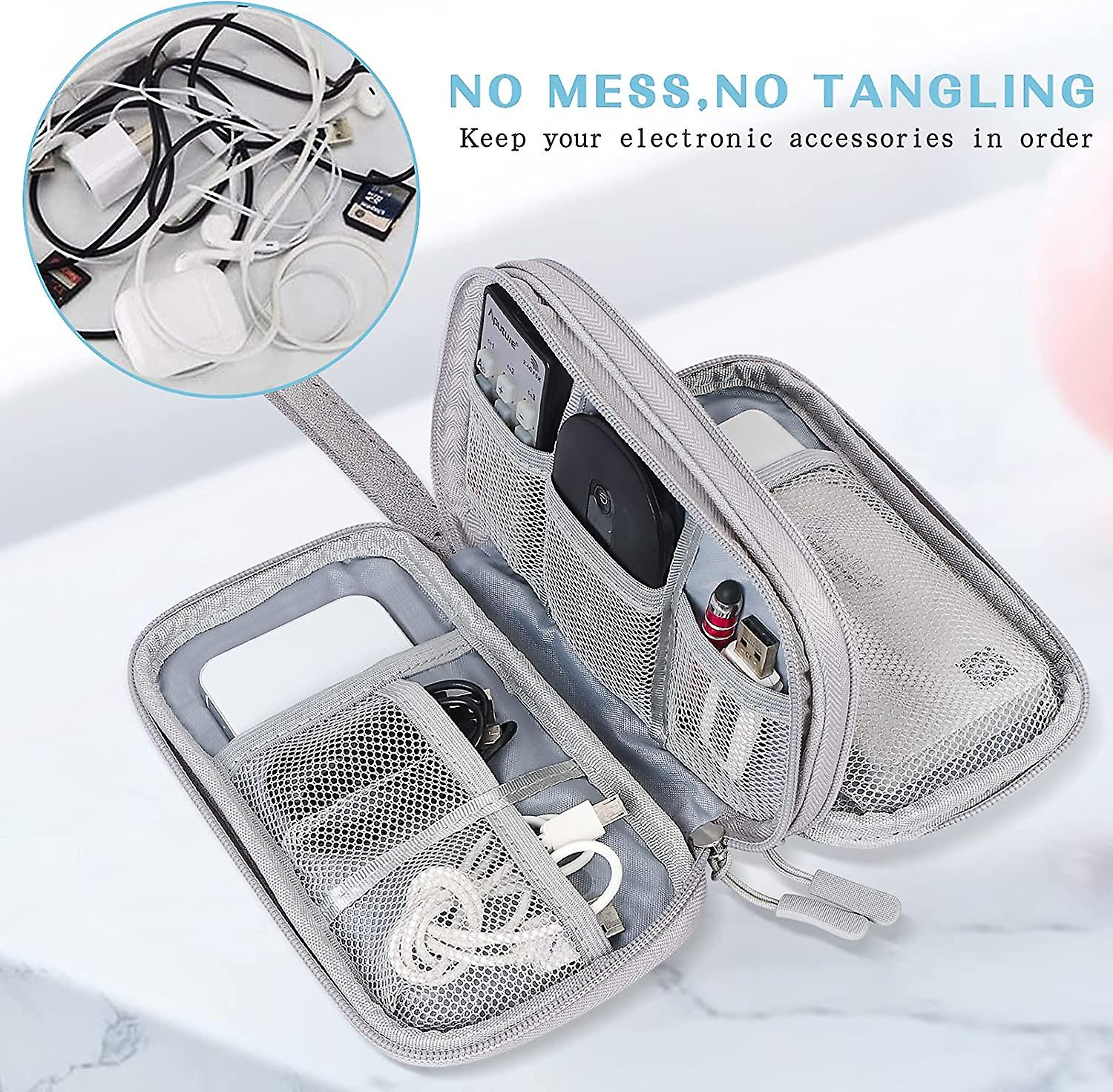 Eine graue Reisetasche mit organisierten Elektronikartikeln wie Kabeln, Ladegeräten und SD-Karten, mit einem Knäuel zum Vergleich abgebildet.