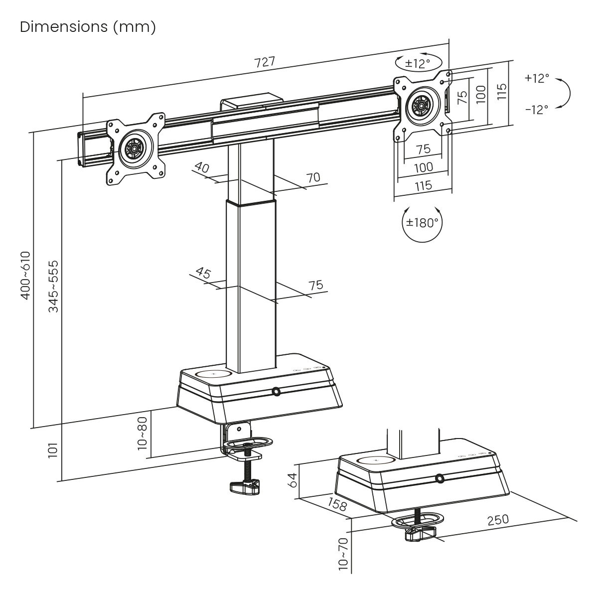 Eine technische Zeichnung einer Monitorhalterung mit Abmessungen in Millimetern. Sie enthält Maße für Höhe, Breite und Winkel.