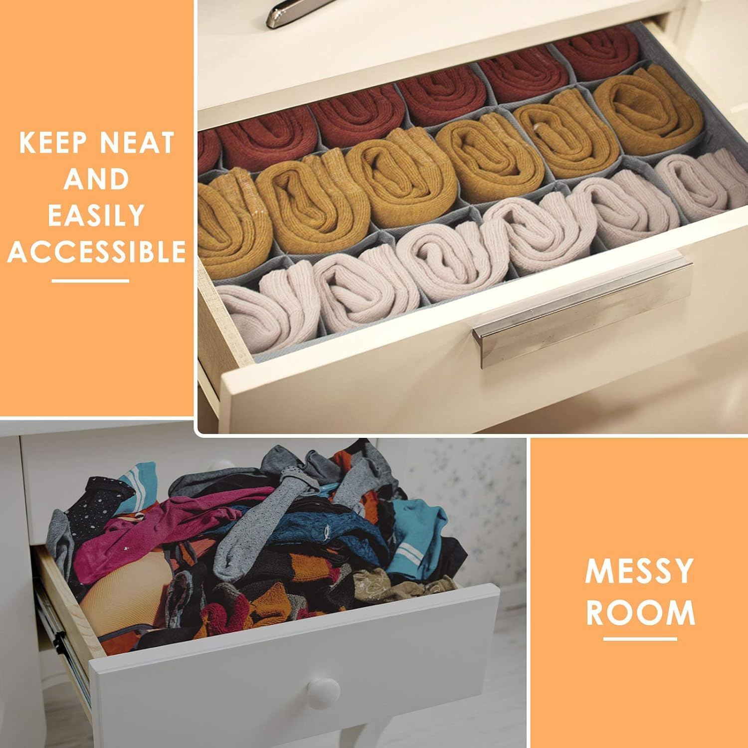 Eine Schublade mit geordneten Socken und eine andere mit einem unordentlichen Haufen Kleidung. Text zeigt 'Keep Neat' und 'Messy Room'.