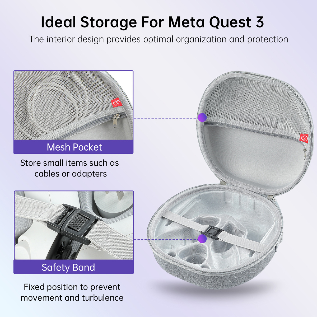 Offene graue Hülle für Meta Quest 3 mit Netztasche und Sicherheitsband. Text: Ideale Aufbewahrung, optimale Organisation und Schutz.