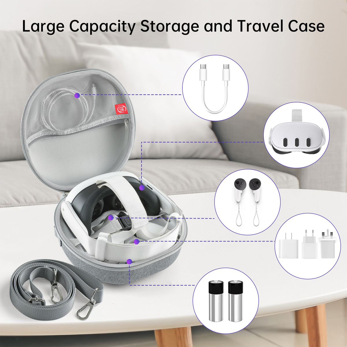 Ein grauer VR-Headset-Reisekoffer mit Zubehör: Headset, Tragegurt, Ladegerät, Kabel, Kopfhörer, Batterien, auf einem Tisch. Weißer Hintergrund.