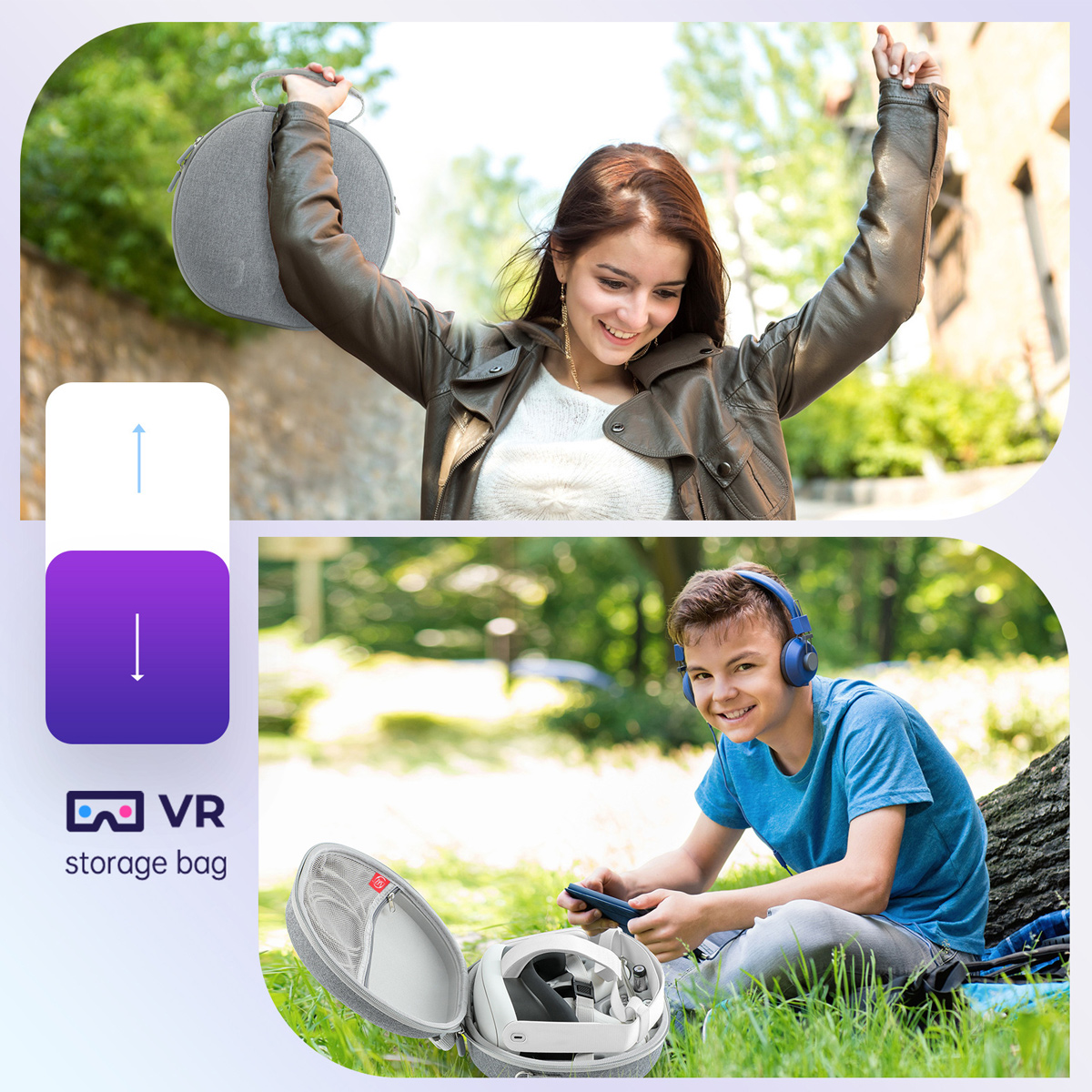 Eine Frau hält eine VR-Aufbewahrungstasche, ein Junge mit Kopfhörern sitzt an einem Baum, ein VR-Headset in der offenen Tasche.