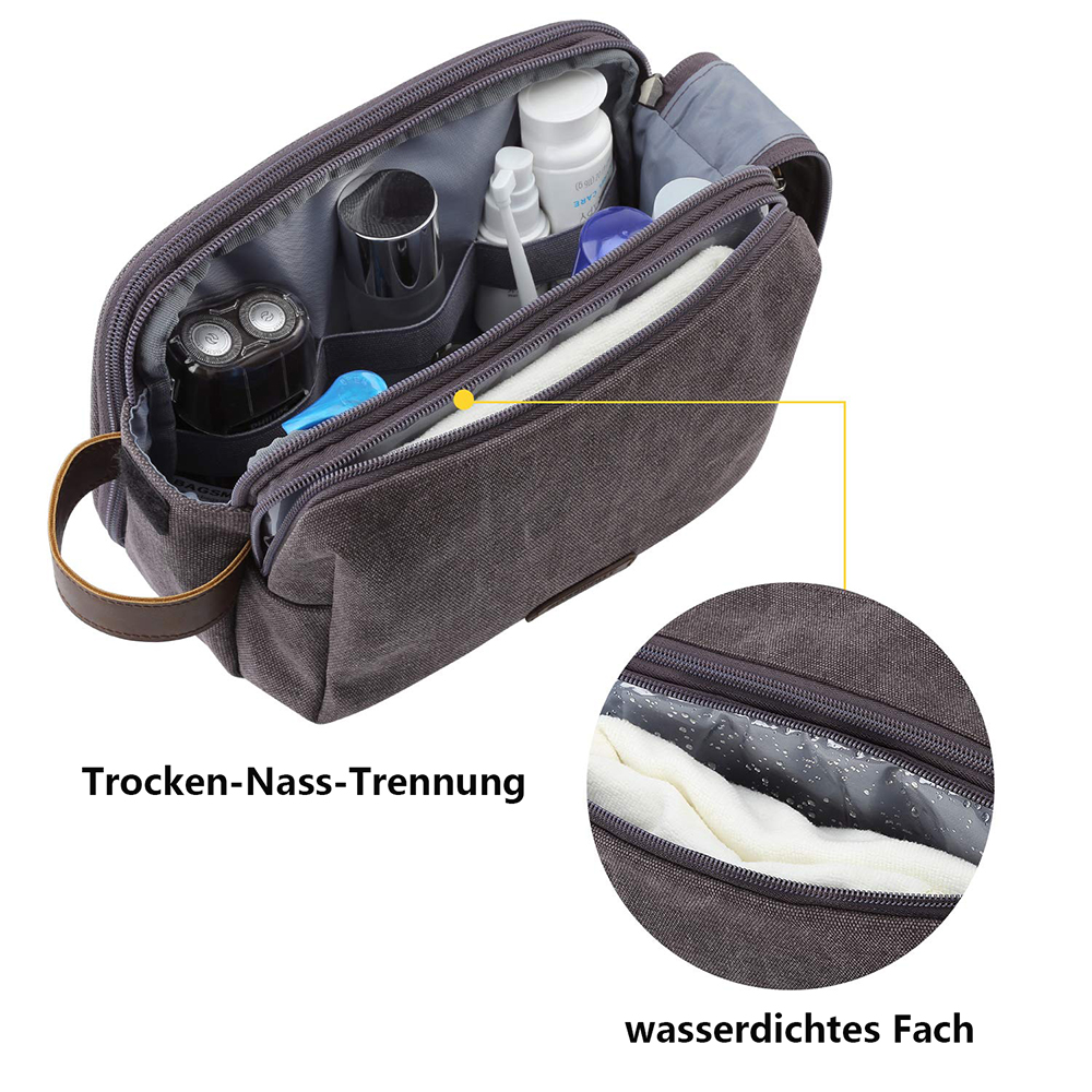 Eine graue Kulturtasche ist geöffnet und zeigt verschiedene Pflegeprodukte, darunter einen Rasierer und Flaschen. Ein wasserdichtes Fach wird gezeigt.
