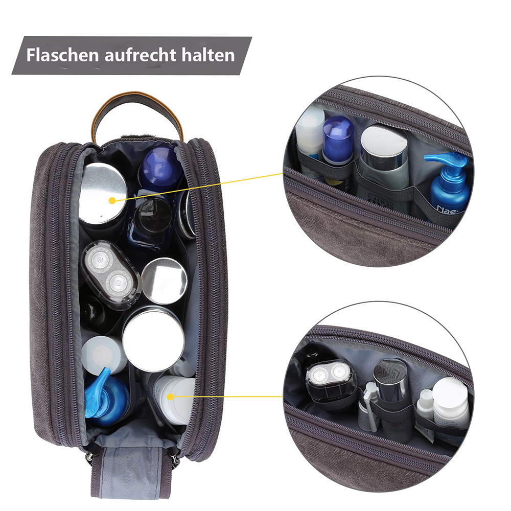 Graue Kulturtasche mit verschiedenen Pflegeprodukten. Enthält Flaschen, Gläser und einen Rasierer. Zwei Nahaufnahmen zeigen Details.