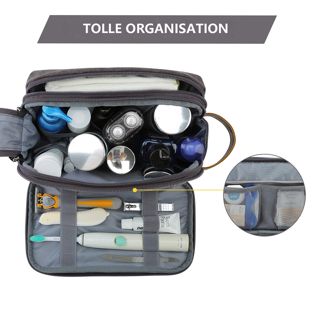 Offene Kulturtasche mit verschiedenen Gegenständen: Rasierzeug, Zahnbürste, Elektrorasierer, Zahnpasta und andere Pflegeprodukte.