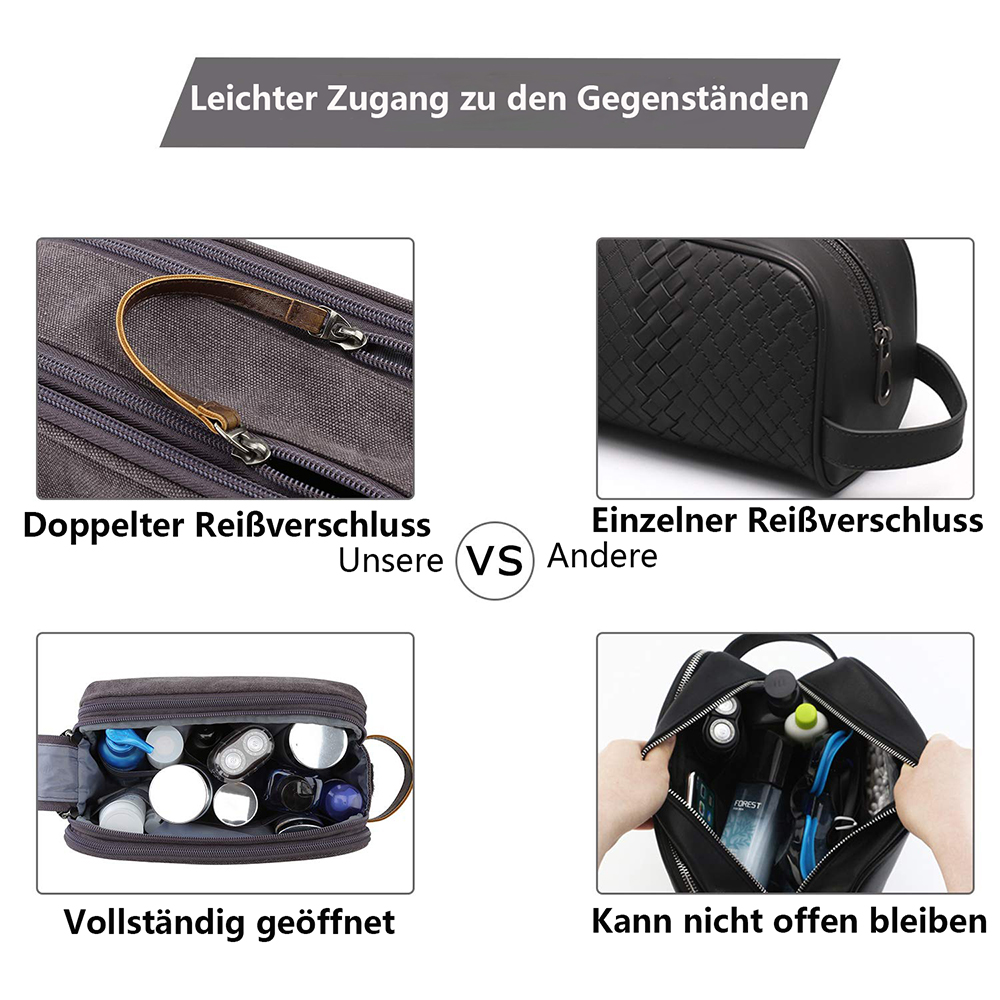 Das Bild vergleicht zwei Kulturbeutel-Designs. Eines hat einen Doppelreißverschluss und öffnet sich vollständig, das andere hat einen einzelnen Reißverschluss.