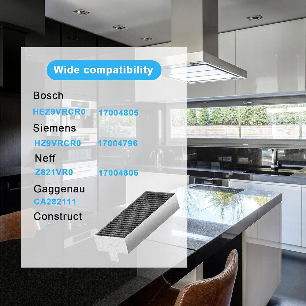Küchenszene mit Filter im Vordergrund. Text listet kompatible Marken: Bosch, Siemens, Neff, Gaggenau, Construct.
