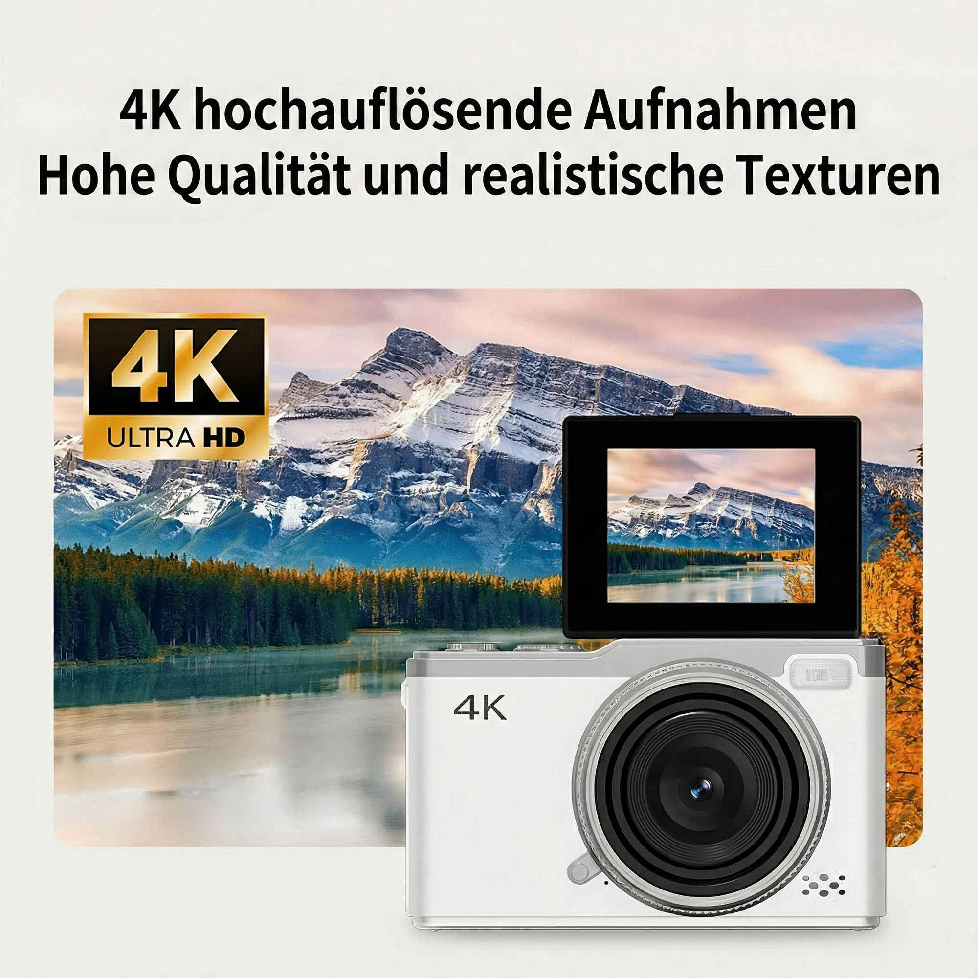 Weiße 4K-Kamera mit Berglandschaft. Der Bildschirm zeigt die Szenerie. Text: 4K hochauflösende Aufnahmen.