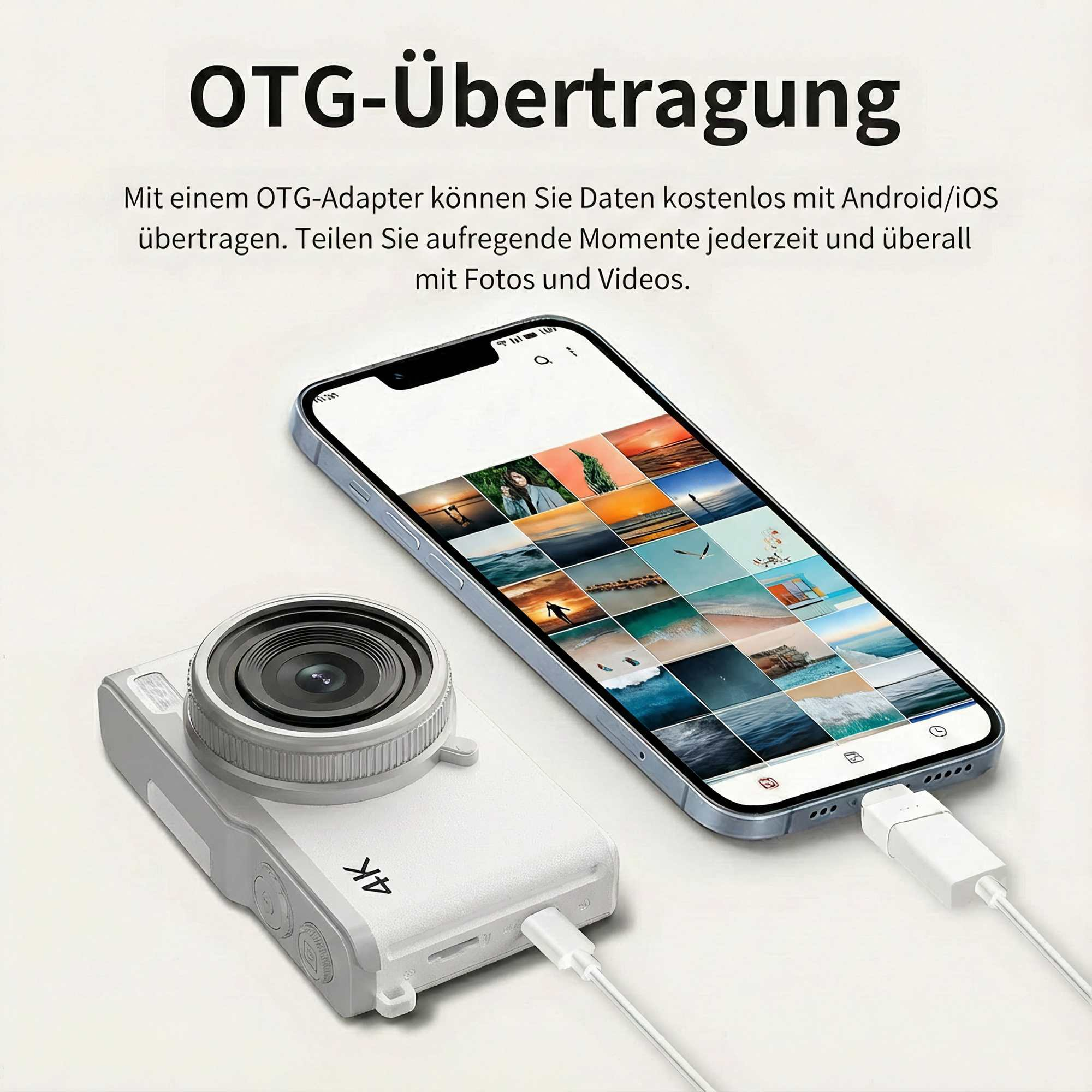 Eine weiße Kamera und ein Smartphone, die mit einem weißen Kabel verbunden sind und Fotos anzeigen. Text: OTG-Übertragung