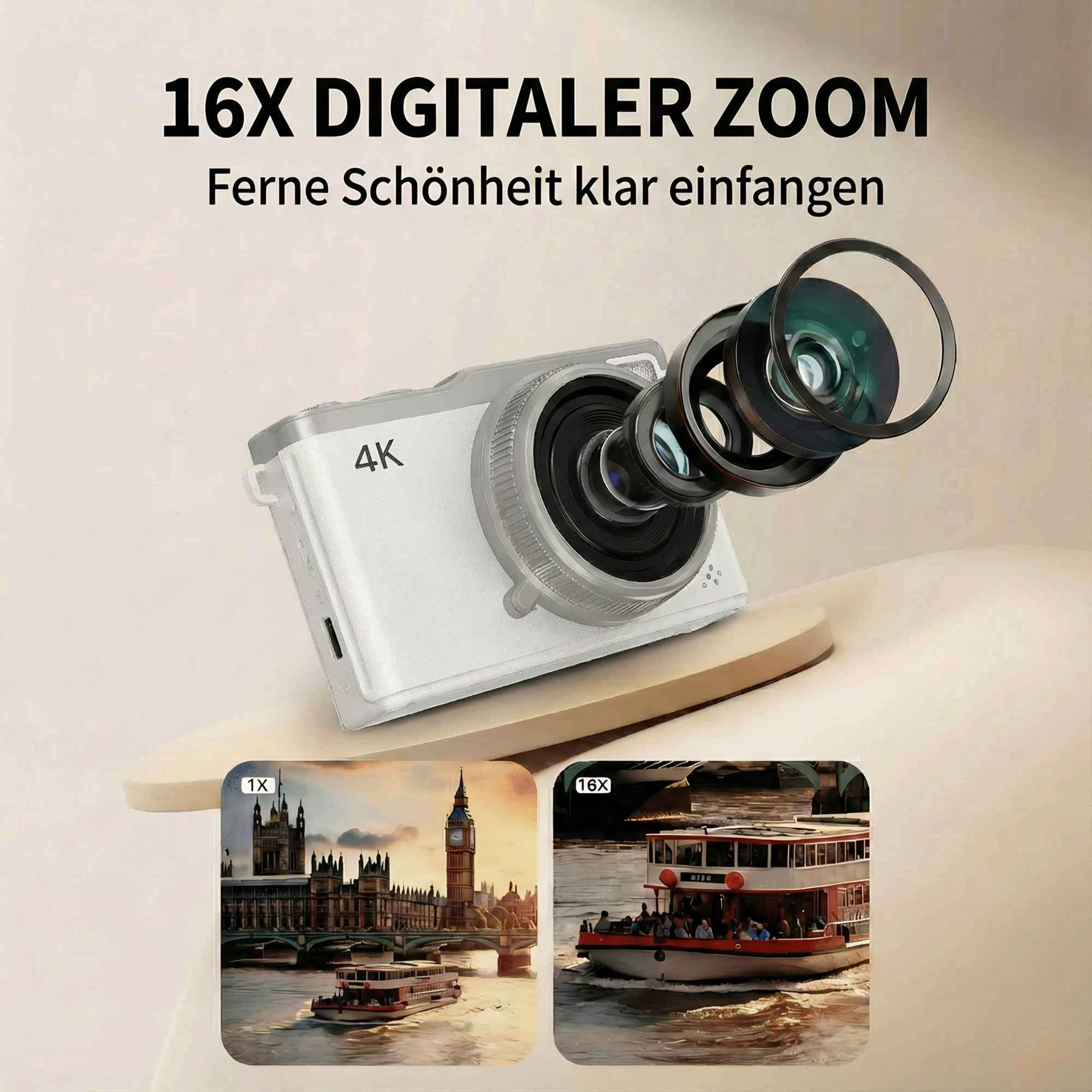 Eine weiße Kamera mit 4K-Etikett und Objektiv, die 16x Digitalzoom zeigt. Zwei eingesetzte Bilder zeigen Flussszenen.