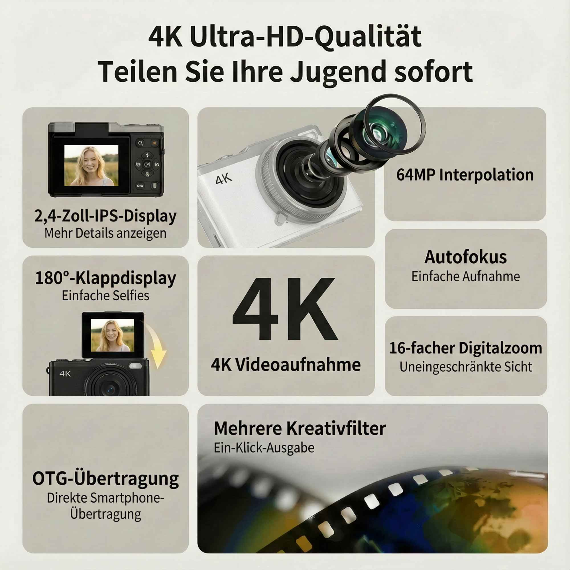 Werbebild für eine Kamera. Zu den Merkmalen gehören 4K-Video, Autofokus, 16x Zoom und ein 180°-Klappdisplay.