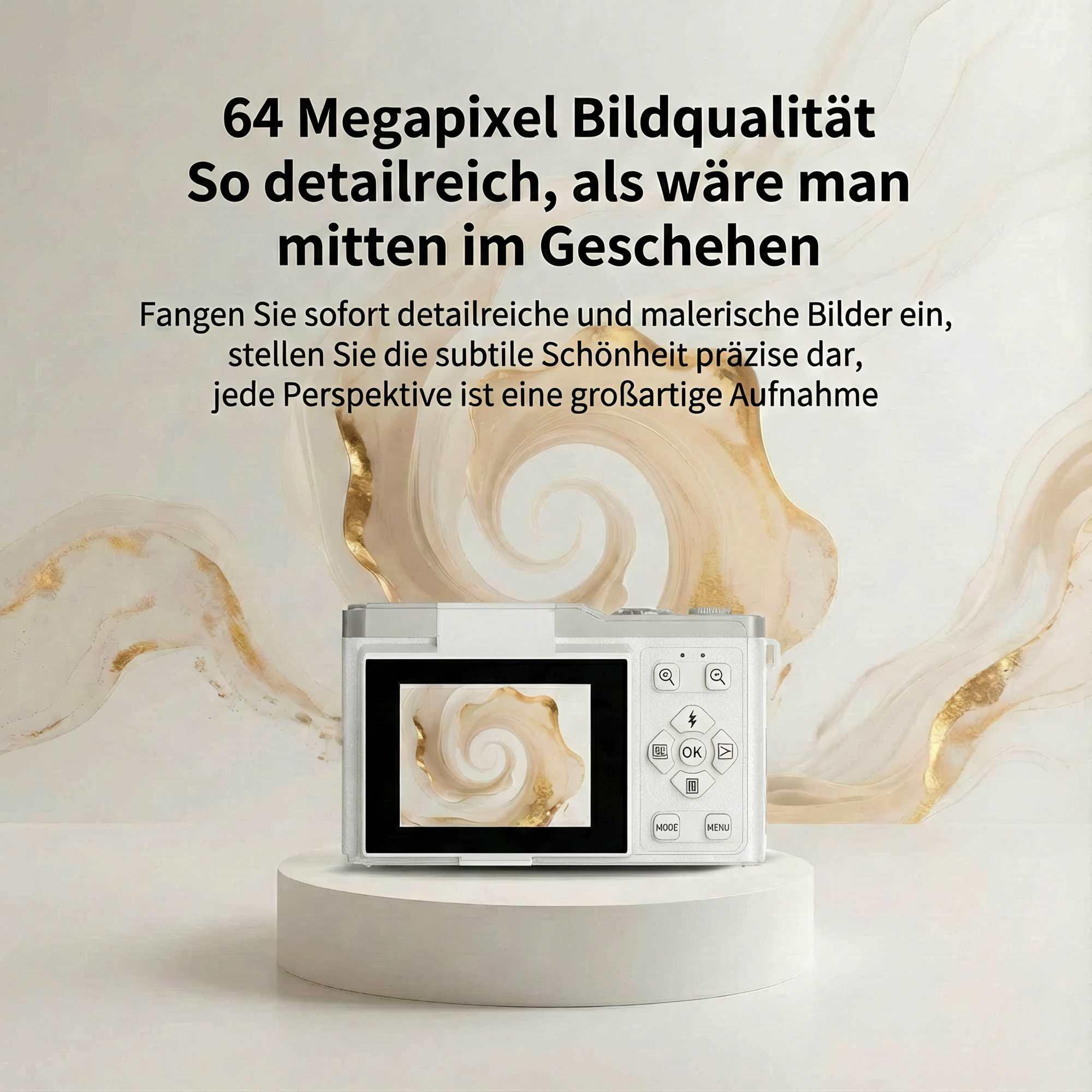 Weiße Kamera auf Sockel, Hintergrund mit goldenen Wirbeln. Text auf Deutsch.