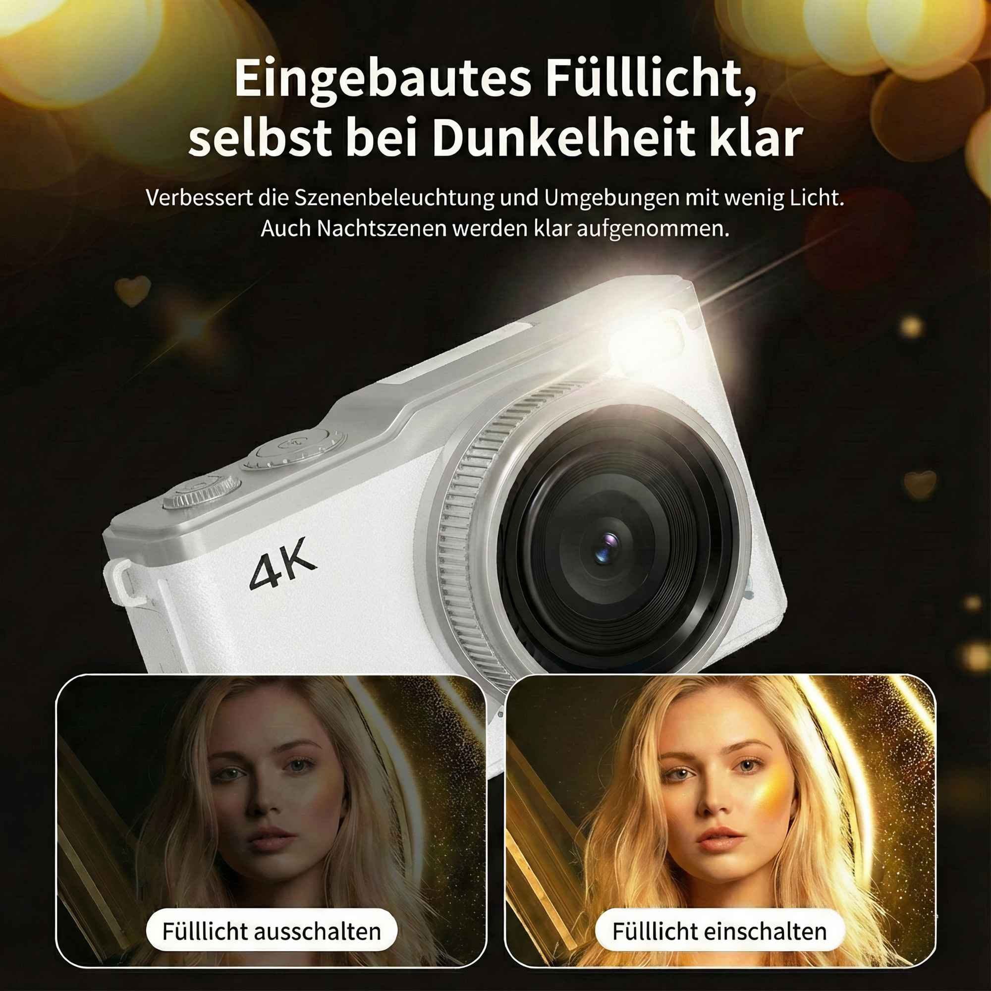 Eine weiße Kamera mit Blitz, 4K-Etikett. Zwei Porträtfotos zeigen eine Frau mit und ohne Blitz.
