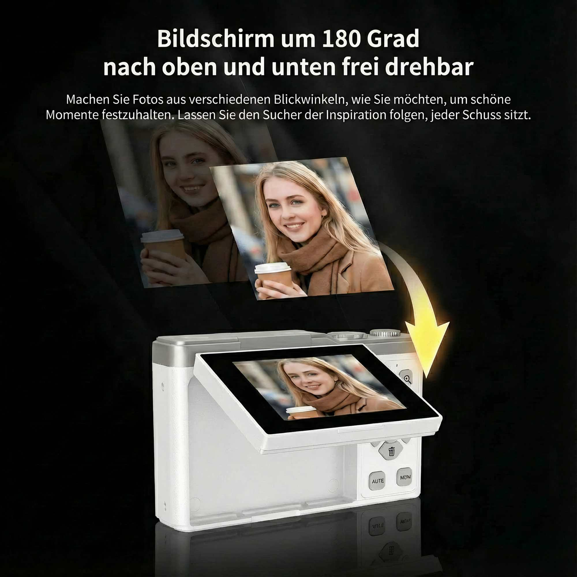 Eine weiße Kamera mit drehbarem Bildschirm zeigt eine Frau mit Kaffeetasse. Text beschreibt die Funktion.