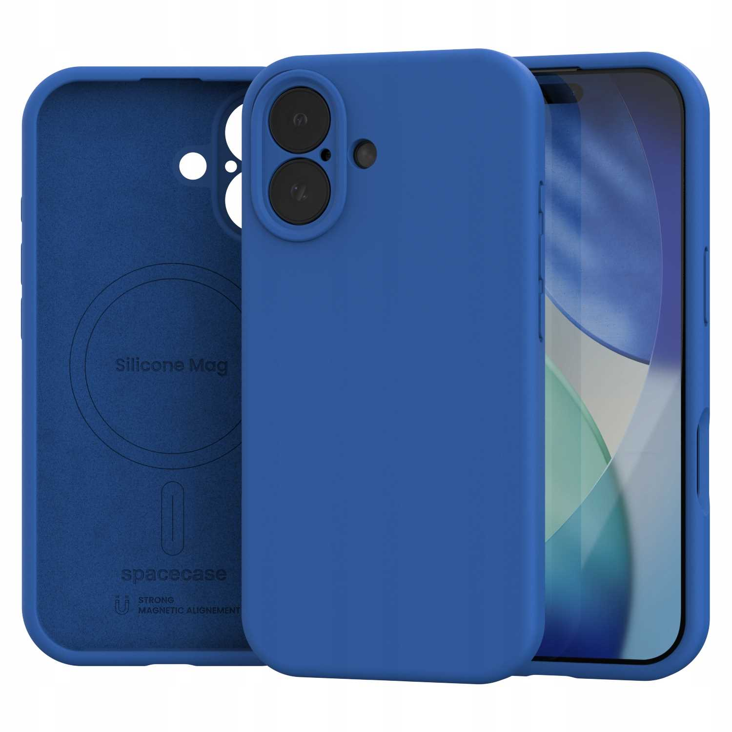 Niebieskie etui na telefon z telefonem w środku. Etui ma otwory na aparat i przyciski. Marka jest widoczna.