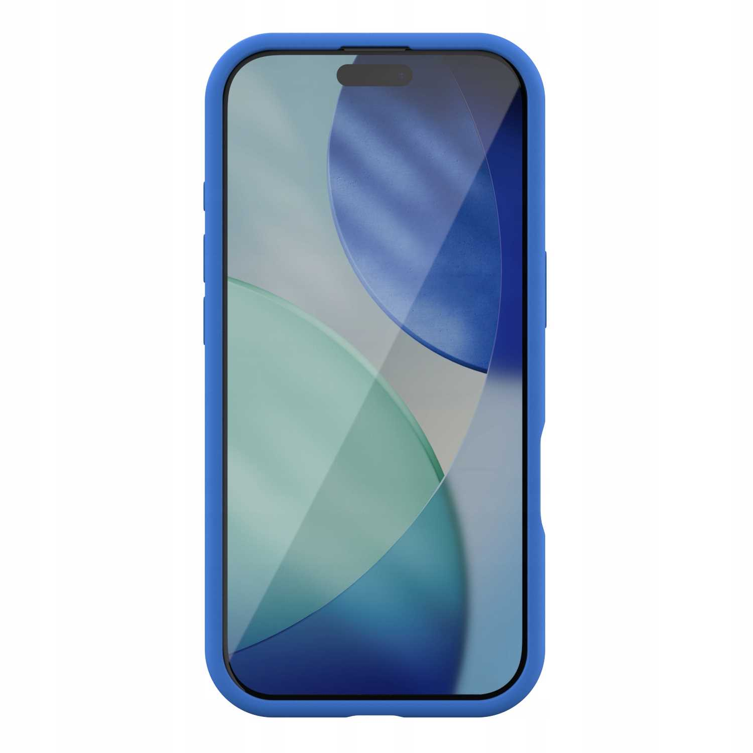 Pokazano smartfon w niebieskim etui. Ekran wyświetla niebieskie i zielone abstrakcyjne kształty. Etui ma niebieską obwódkę.