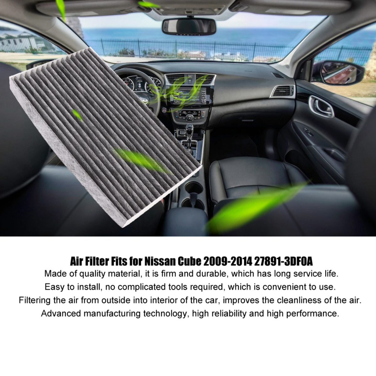 Ein Luftfilter wird vor dem Armaturenbrett eines Autos gehalten. Der Filter ist grau und rechteckig. Der Innenraum des Autos ist sichtbar.