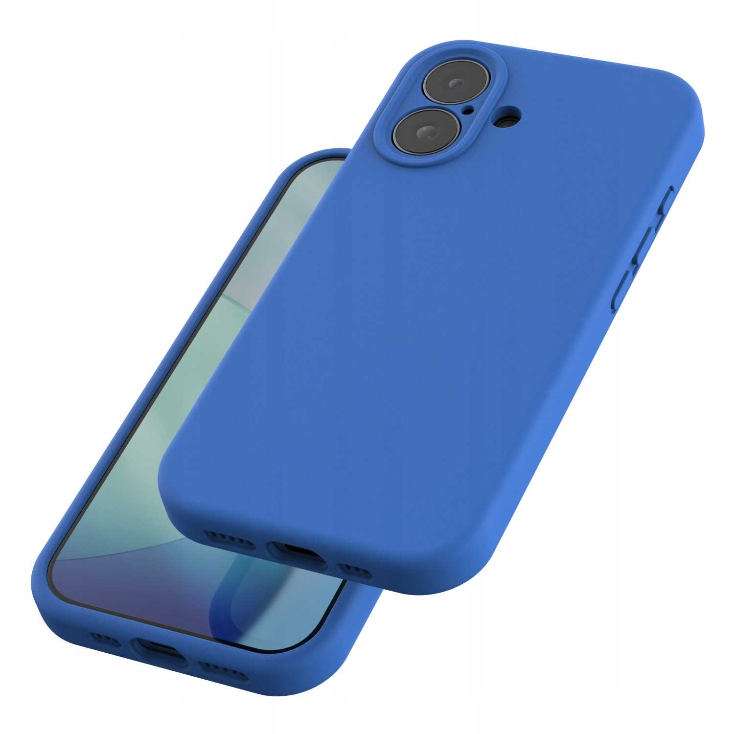 Niebieskie etui na telefon z telefonem w środku. Etui jest pod kątem, pokazując aparat i przyciski.