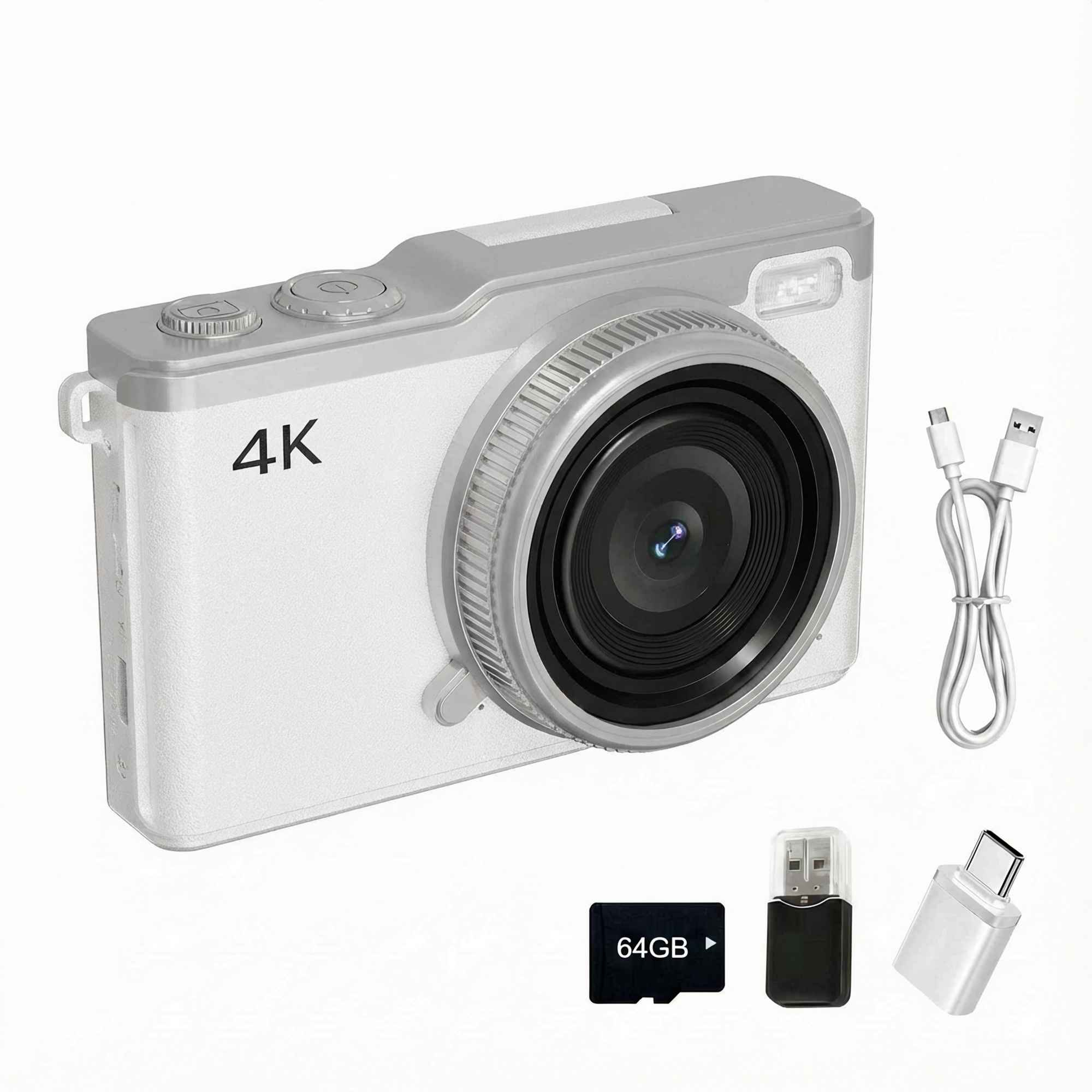 Weiße 4K-Kamera mit Objektiv, Zubehör und 64-GB-Speicherkarte.