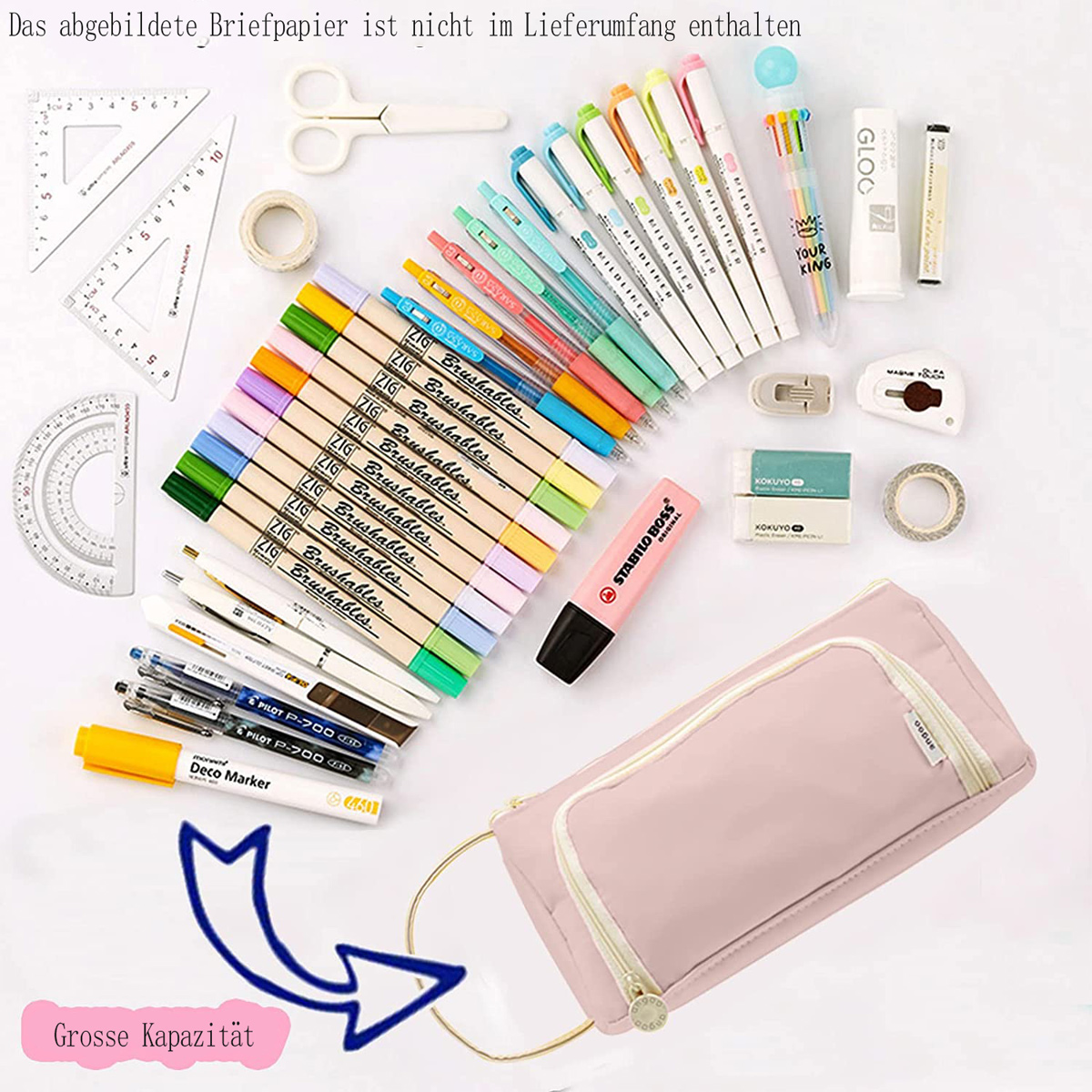 Schreibtisch mit Schreibwaren: Stifte, Marker, Schere, Klebeband, Winkelmesser, Lineale, Federmäppchen und Textmarker. Rosa Federmäppchen.