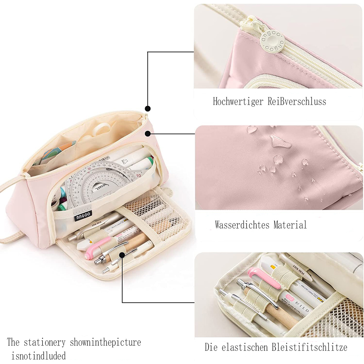 Ein rosa Federmäppchen ist ge öffnet und zeigt Schreibwaren. Nahaufnahmen von Reißverschluss, Wasserbeständigkeit und elastischen Stifthaltern.