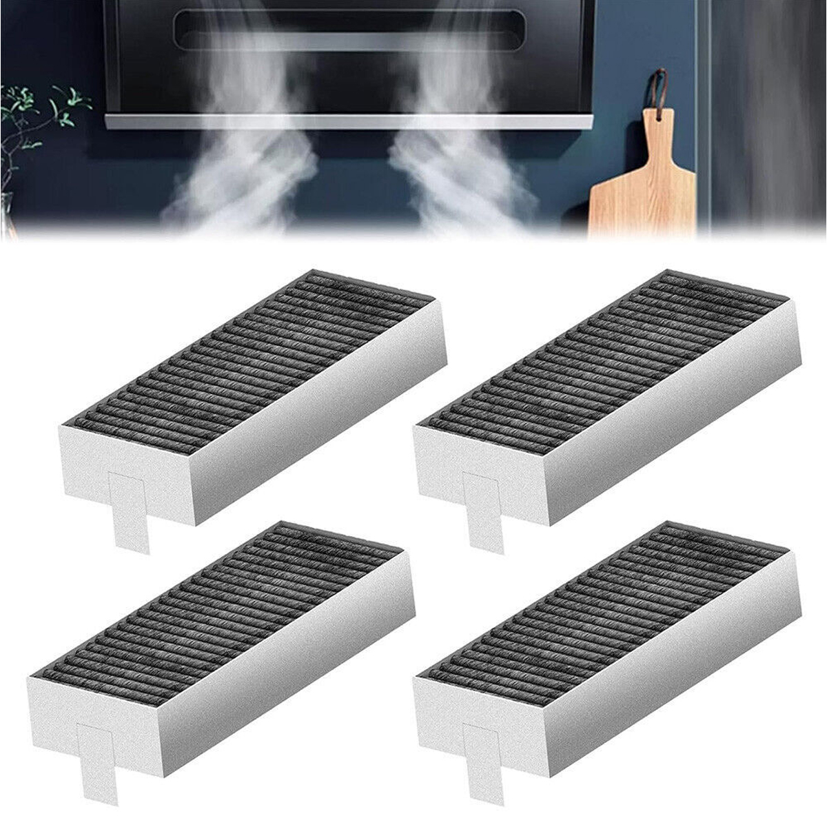 Vier rechteckige Luftfilter mit grauem Netz. Oben ein Küchenventilator mit Dampf. Ein hölzernes Schneidebrett hängt rechts.