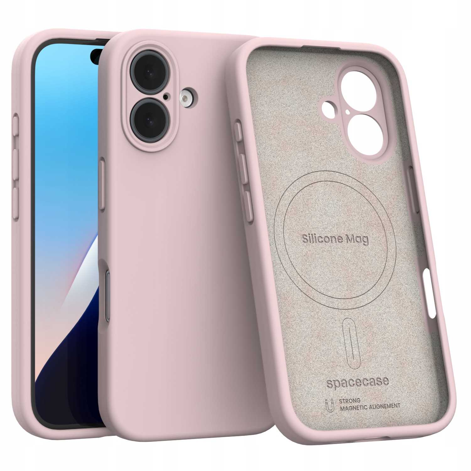 Zestaw różowych etui na telefon. Jedno etui otwarte, odsłaniające wnętrze z napisem 'Silicone Mag' i 'spacecase'. Widoczny ekran telefonu.