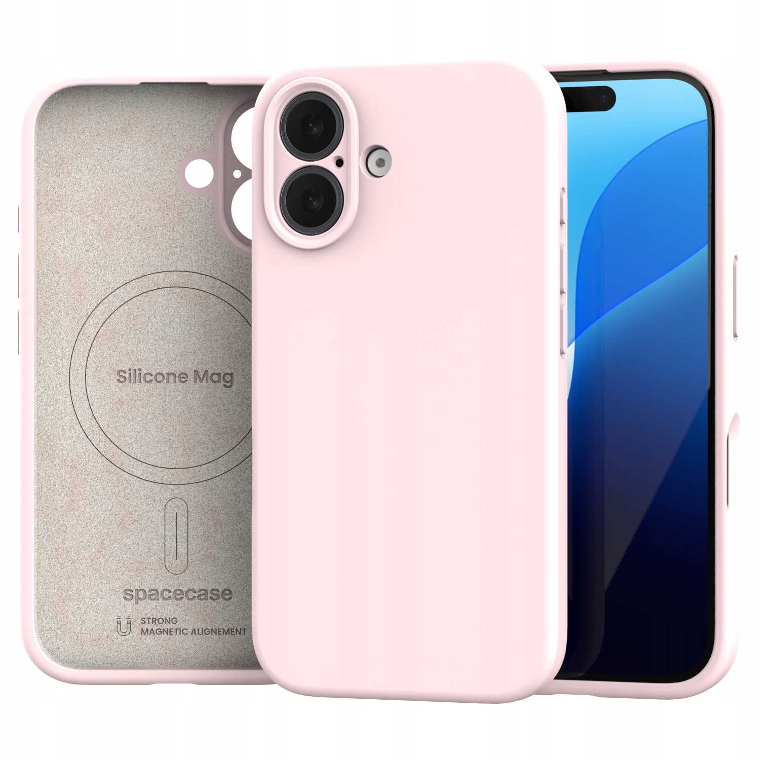 Różowe etui na telefon z telefonem w środku. Etui ma wycięcie na aparat, a ekran telefonu jest niebieski. Za nim jest kolejne etui.