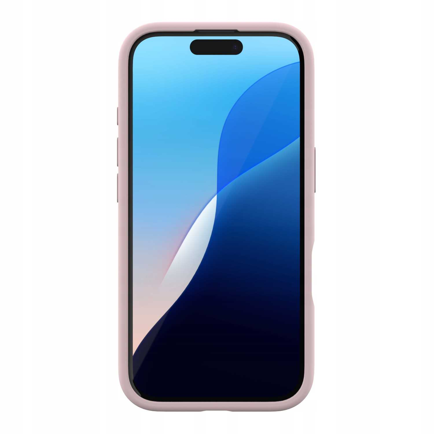 Smartfon w różowym etui z niebiesko-białym ekranem. Ekran wyświetla abstrakcyjne kształty. Etui ma detale przycisków.