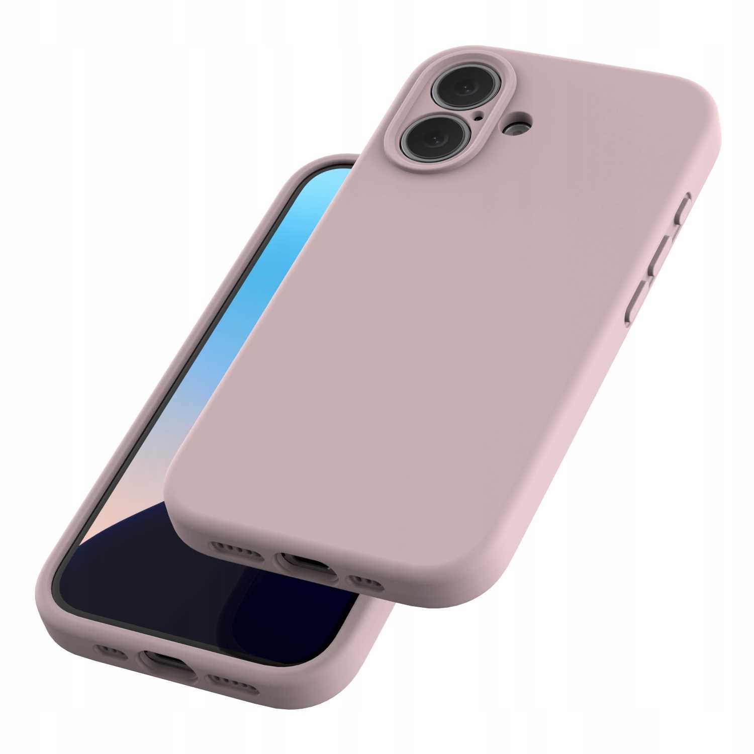 Różowe etui na telefon z telefonem w środku. Telefon jest widoczny, wyświetlając niebiesko-czarny ekran. Etui ma otwory na aparat.