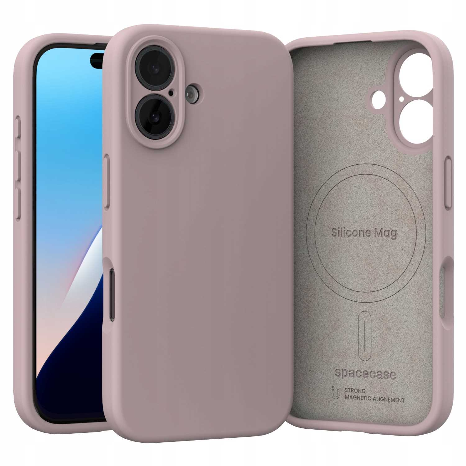 Wyświetlana jest obudowa telefonu, w trzech częściach. Obudowa telefonu jest w kolorze jasnofioletowym. Telefon jest w obudowie.