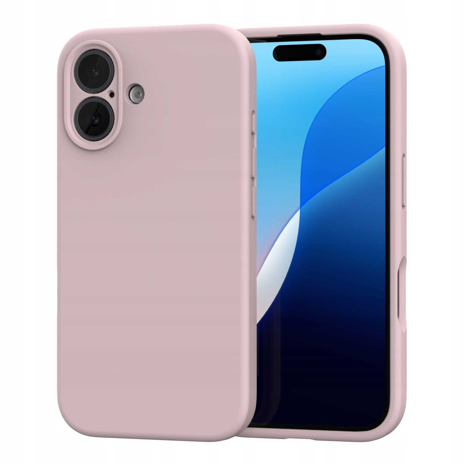 Różowe etui na telefon i telefon z niebieskim ekranem. Etui jest po lewej, telefon po prawej.