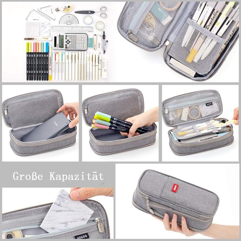 Ein graues Federmäppchen ist geöffnet und zeigt Schreibwaren. Andere Bilder zeigen das Etui mit einem Taschenrechner, Stiften und Markern. Text: 'Große Kapazität'.
