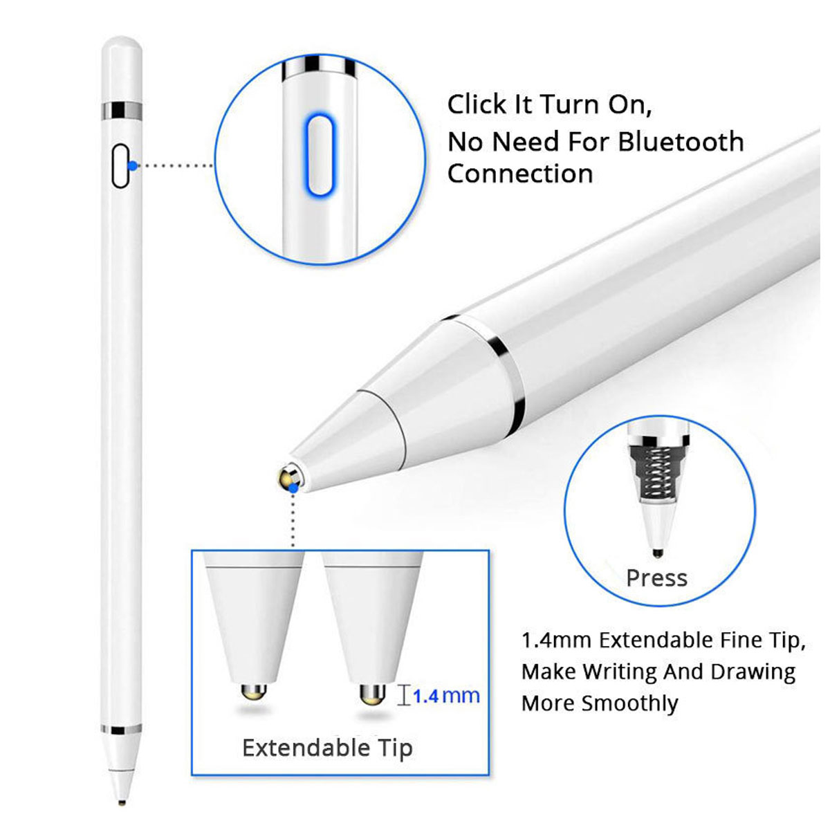Weißer Stift mit hervorgehobenen Merkmalen. Enthält eine 1,4-mm-Feinspitze, eine ausziehbare Spitze und eine Aktivierungstaste.
