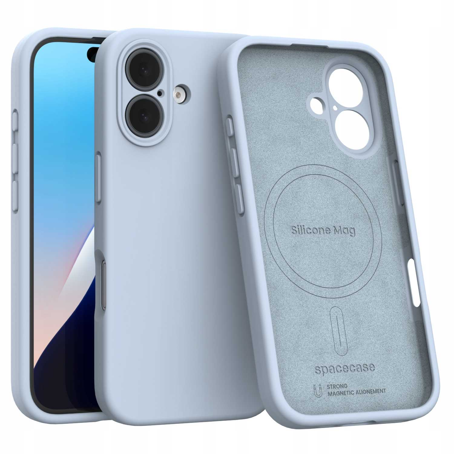 Jasnoniebieskie etui na telefon z trzech części. Jedna z ekranem telefonu, druga z aparatem, a ostatnia to wnętrze etui.