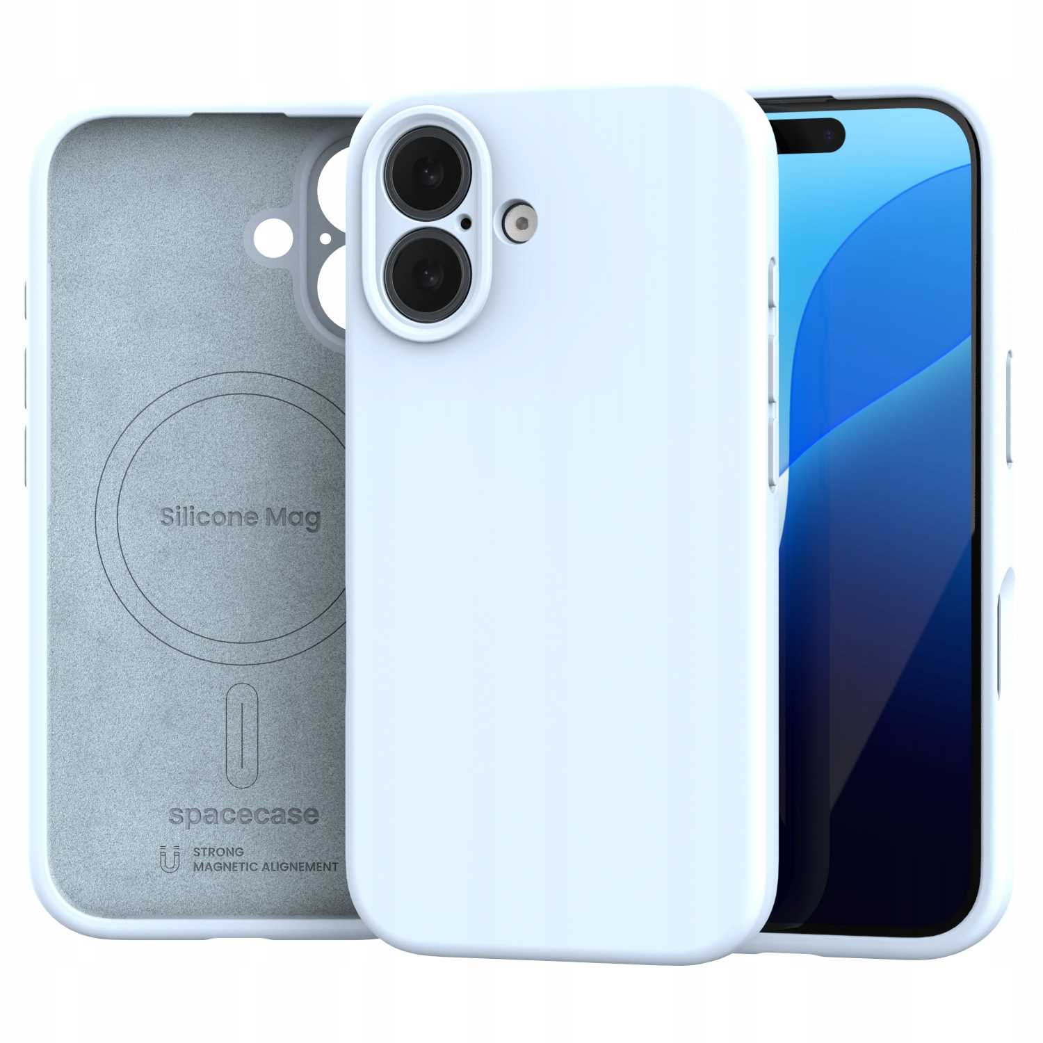 Jasnoniebieskie etui na telefon z telefonem w środku i widoczną wewnętrzną częścią etui. Marka 'spacecase'.