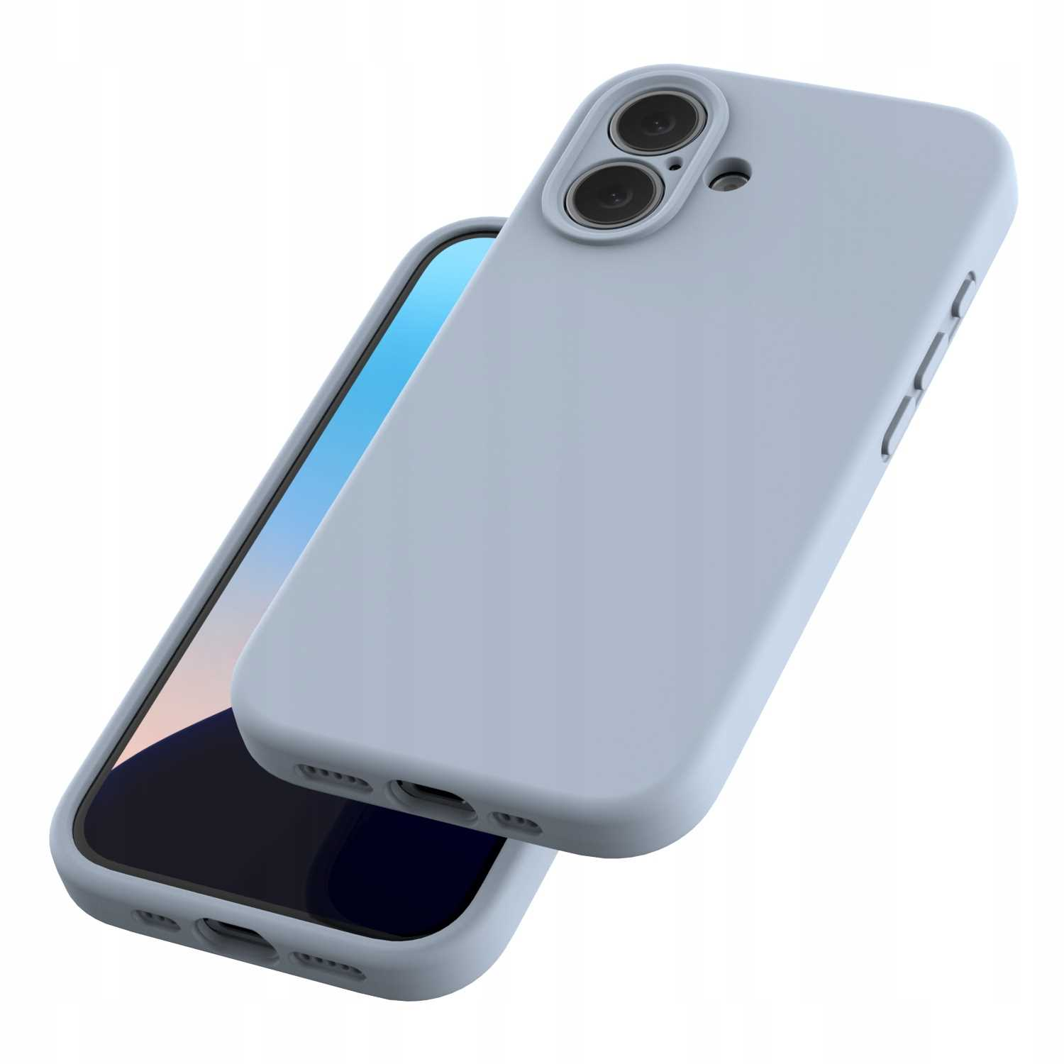 Jasnoniebieskie etui na telefon z telefonem w środku. Etui ma wycięcia na aparat i osłony przycisków. Ekran telefonu jest widoczny.